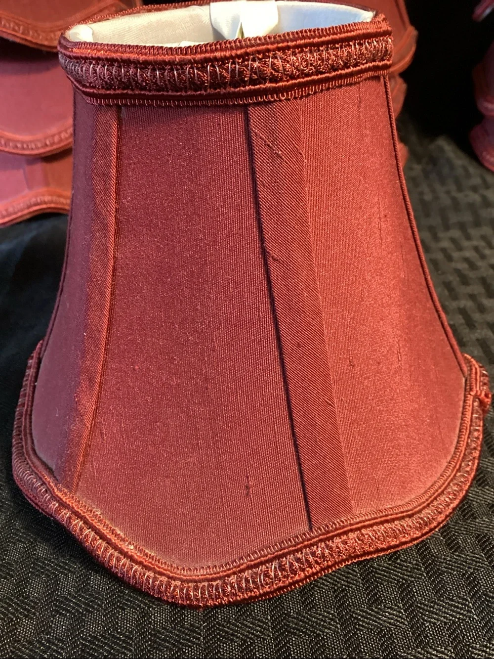 10 Styled Crimson Mini- lampshades.  Clip--on fittings. Silk finish
